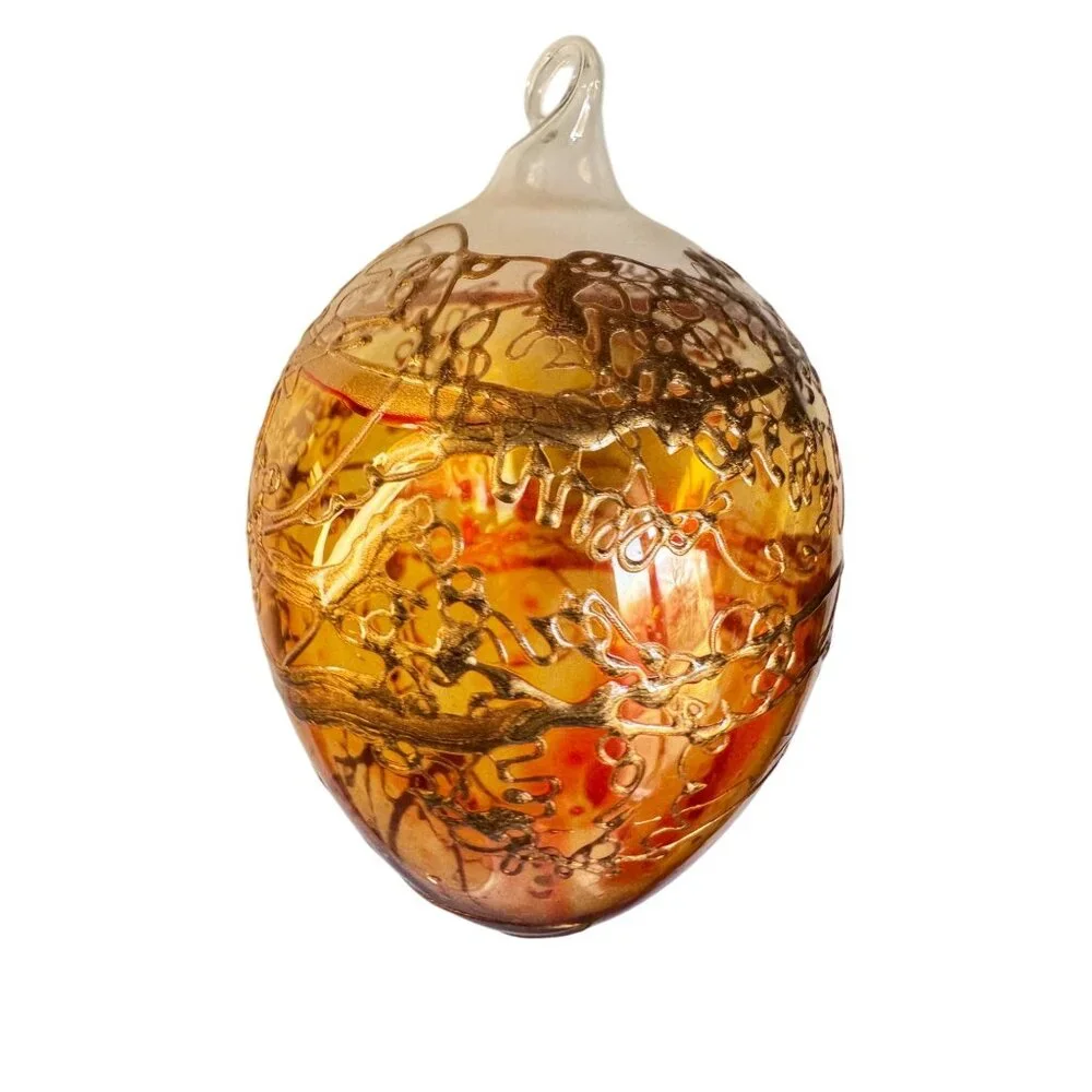 Amber Blown Glass Ornament Gold Gilded Design Art Glass 3" - Picture 5 of 7